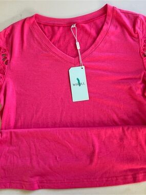 WIHOLL Women’s V-Neck Short Sleeve Top in Bright Pink